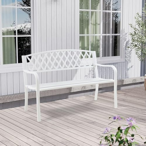 casa.pro Banc de Jardin d'Extérieur avec Accoudoirs Confortable Dossier Décoratif 3 Places pour Terrasse Balcon Cour Repos Résistant Capacité de Charge 300 kg Acier 127 x 53 x 88 cm Blanc