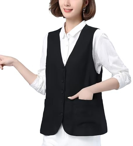 YONGHONGKEJI Chaleco Mujer,Chaleco De Lino Y Algodón para Mujer Holgado Sin Mangas Chaqueta Ligera De Verano Blazer De Traje con Cuello En V Y Bolsillos Cárdigan Informal Liso con Botones Chaleco