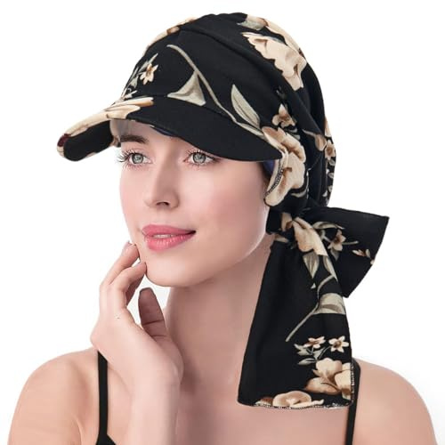 AMateschitz damer huvudduk halsduk mössa bandana keps retro stil solhatt kemo-huvudbonader med blomma huvudbonad med skärm visir mössa anti-UV tryckt halsduk turban basebollkeps för golf, Svart#2, En