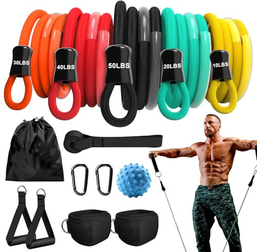 Bande Elastique Musculation,5 Bande de Resistance Elastique Sport Fitness avec poignées, Sangles de Cheville, ancrage de Porte pour Pilates,Yoga-150LB
