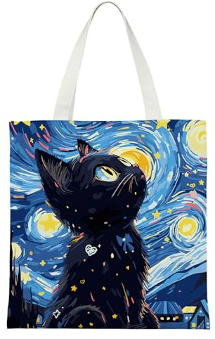 Bolsa de tela impresa, bolsa de lona de algodón, bolsa de algodón estético, noche estrellada gato negro, bolsa de compras reutilizable, regalo para amantes de los libros, bolsa de tela para mamá