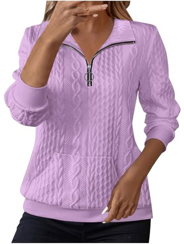 Wyongtao Sweat Femme Décontracté Pull Femme Col Montant avec Fermeture Éclair Haut Ample À Manches Longues Couleur Unie Jacquard Sweatshirt avec Poche Confortable Sport Top Blouse Automne Et Hiver