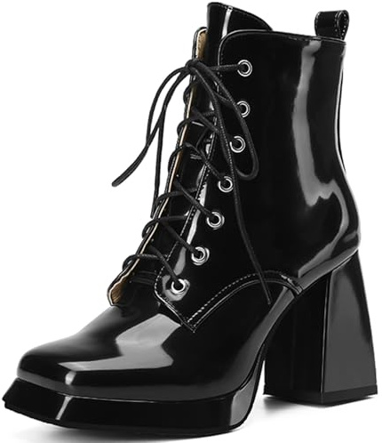 Smilice Botas de combate para mujer Forro cálido | Punta cuadrada Tacón bloque con cordones, Negro , 35 EU