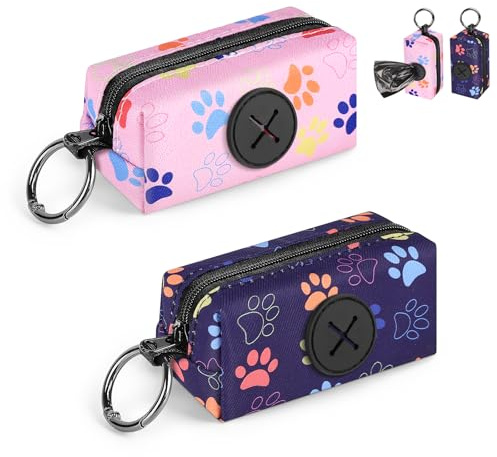 2pcs Dispensador Bolsas Caca Perro Porta Bolsos para Excrementos de Perros Porta Bolsas de Excrementos de Tela Suave con Mosquetón Perro Accesorios para Pasear Correr Senderismo(Cabeza-negro&rosa)
