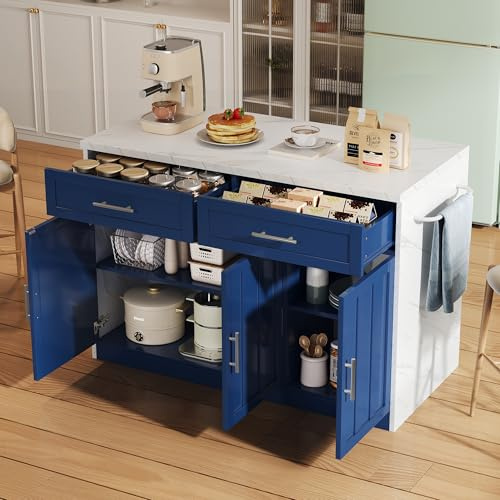 dowowdo Kücheninsel/Sideboard/Küchenzeile mit Bartheke, Steckdosen & USB-Anschlüssen, 120x60x91cm, 2 Schubladen & 3 Türen mit verstellbaren Böden, für Küche, Wohnzimmer, Esszimmer - Weiß