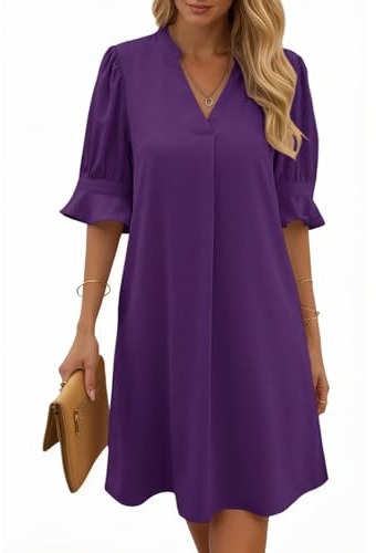 Cicy Bell Abito Estivo da Donna con Scollo a V e Volant, Lunghezza al Ginocchio, per Il Tempo Libero, Tinta Unita, Casual, Viola., M