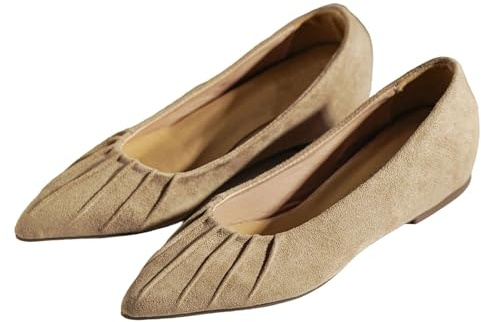 Ballerines pointues avec détails plissés élégants, chaussures de loisirs rétro douces à enfiler et chaussures de conduite confortables, beige, 40 EU