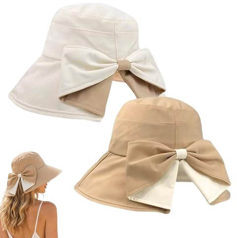 2 Pcs Women's Bowknot Wide Brim Sun Hat – Foldable, 360° Protection, Women's Bowknot Wide Brim Sun Protective Hat