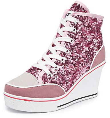 siphly Baskets compensées en toile pour femme Taille 5-11 US Ladies Lace Up Side Zip High Top Bottines Sneaker Pompe Chaussures de sport Muffin avec fond épais 8 cm de haut