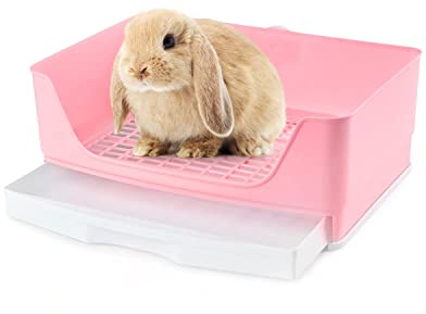 Baffect Bac à litière en Coin pour la Maison des Toilettes en Coin, Bac à litière en Cage pour Lapin de Grande Taille avec tiroir Amovible pour Petit Animal, cobaye L (Rose)