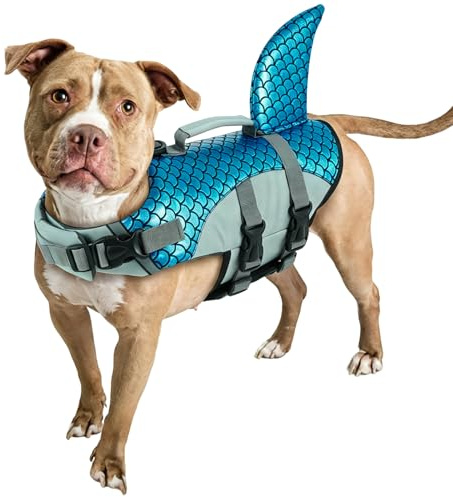 Hundflytjacka, livräddare, flytande väst, hajform, hund, sommar, simning, säkerhetsväst med justerbar rem och räddningshandtag för pool, strand, båtliv (blå, M)