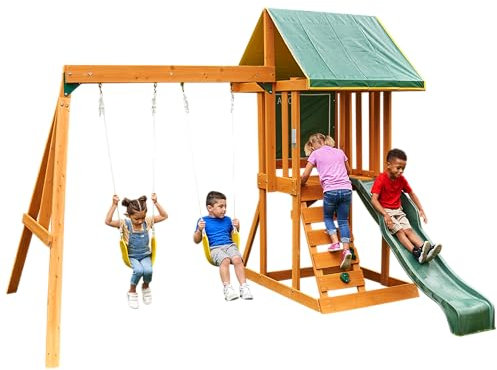 KidKraft Appleton Outdoor Klettergerüst aus Holz für Kinder mit Rutsche, Schaukel, Kletterwand und Sandkasten, Gartenspielzeug, Outdoor Spielturm für den Garten, F24148E [Exklusiv bei Amazon]