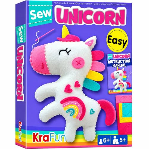 KRAFUN Unicorn Sewing Kit for Kids Ages 7-12, Beginner Craft Set with Unicorn Stuffed Doll, Plush Felt Materials, Instructions, Embroidery Supplies, Pre-Punched Fabric