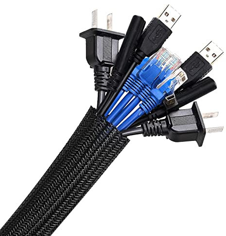 AGPTEK 2m Kabelschlauch, 25-39mm selbstschließend Kabelkanal, Flexibler gewebter Kabelmantel, Kabelmanagement für Schreibtisch, TV, Computer, PC, Kabelschutz für Hund, Katze, Schwarz