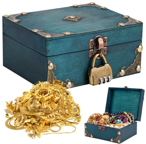RAKUTE Verde Forziere del Tesoro Pirata, 15127,2 cm Scatola di legno vintage con lucchetto, scatola di immagazzinaggio in legno per regalo, decorazione e conservazione/visualizzazione,conservare