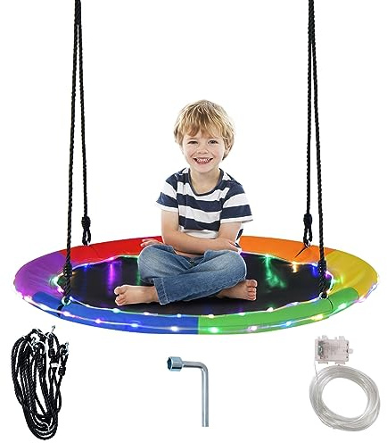 GOPLUS Balançoire LED Lumineuse 100 cm, Nid d'oiseaux Ronde Étanche pour Enfants avec 8 Modes Lumineux, 2 Cordes Réglables,Charge 300KG, pour 2-3 Enfants 3+ Ans