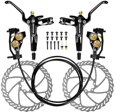 MTB Hydraulic Brake Set 4 Pistons, Disc Brake Bicycle Set Front and Rear, Bicycle Hydraulic Brakes with 180 mm Brake Discs, 610 nm Dry Braking Force for Mountain Bike, E-Bike, Road Bike, Riding