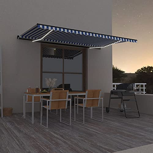 ShCuShan Toldo retráctil manual LED 500 x 350 cm azul y blanco, toldo para exterior enrollable, toldo con brazos extensibles con estructura de aluminio, toldo resistente al sol e I