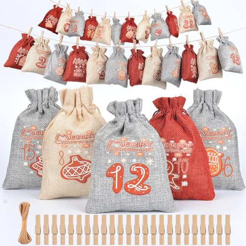 24 Pezzi Calendario Dell'avvento In Tela Calendario Dell'avvento Natale Sacchetti In Tela Con Coulisse Per Famiglie Bambini Genitori Appassionati Natale Artigiani Fai Decoratori Natalizi Insegnanti