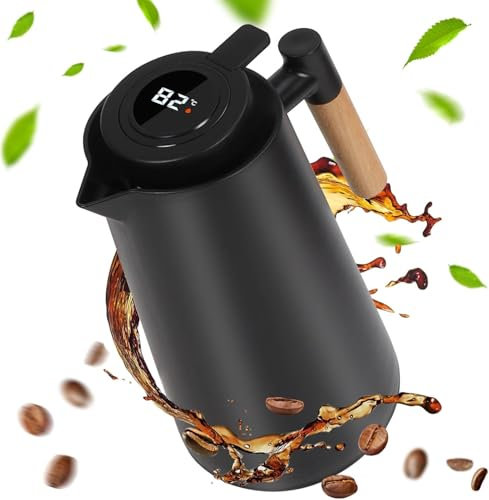 Dreamhigh® Thermoskanne 1L, Isolierkanne mit Anzeige der Temperatur, gut abgedichtet Kaffeekanne (kein Leck, kein Tropfen) - Elegantes Schwarz
