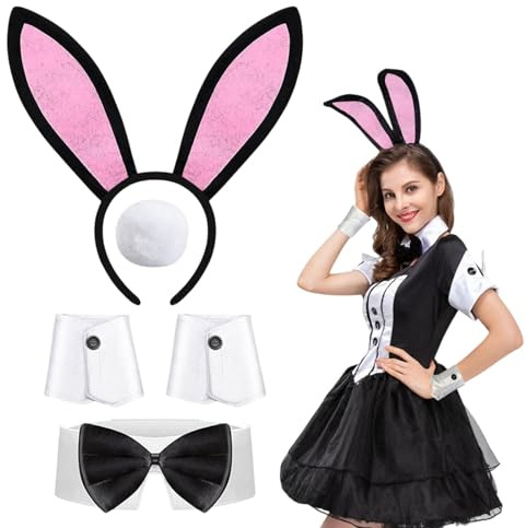 TUONYIS 4 Pièces Ensemble de Costume de Lapin, Oreilles de Lapin Noeud Papillon Poignets de Costume Queue de Lapin, Costume de Lapin pour Adultes Pâques Halloween Cosplay Habillage (Rose)