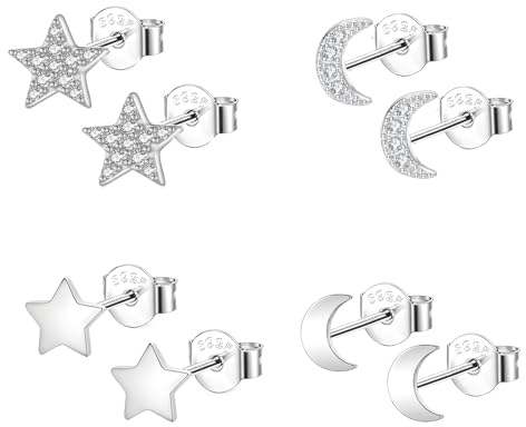 Epoch World 4 Paires Boucles D'oreilles Clous Argent Sterling 925 Hypoallergénique Petites Cartilage Tragus Boucles D'oreilles Argent Étoile Lune pour Femmes Filles