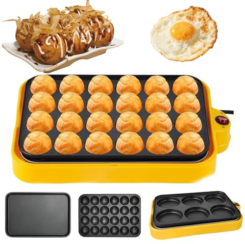Takoyaki Maker, 24 Fori Padella Elettrica con 3 Padelle, Padella Antiaderente da 800 W, Finitura In Raso, Controllo Automatico della Temperatura, Rimovibile e Lavabile, per Sandwich, Uova, Bistecca