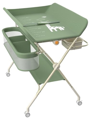 Cambiador Bebé Plegable con Ruedas y Freno, Cambiador con Gran Espacio de Almacenaje, Tela Oxford Impermeable y Fácil de Limpiar, carga máxima de 25 kg, 75 * 68 * 83-91 cm (Verde)