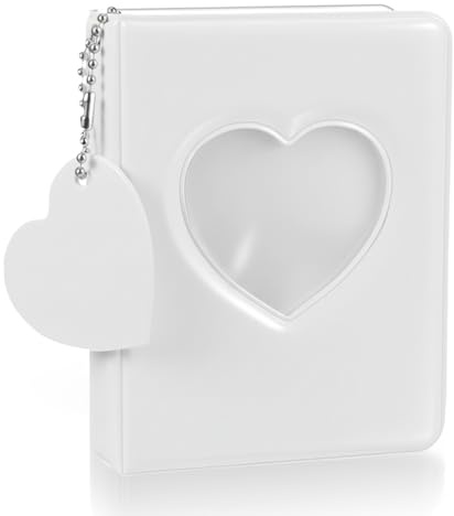 Xindojuz 4x3 Inch Photocard Holder Book, Mini Photo Album Mirror-Like Photocard Binder, Small Photo Card Book Love Heart Hollow Photos Card ID Holder with Pendant for Collection, 32 Pockets(White)