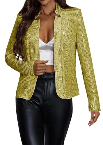 Generisk paljetter bolero damer, kavaj damer glitter festlig jacka festival kostym kvinnor karneval kostym casual blusjacka party bomberjacka kort streetwear rave outfit bekväm kavajrock, Guld, XL