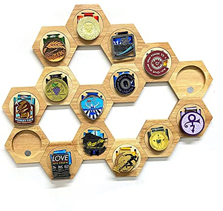 6 Pack Bamboo Honeycomb Medal Display Hanger, Wall Mounted Hexagon Storage Rack for Sports Basketball Gymnastics Soccer Softball Holder, No Drill, Bamboo