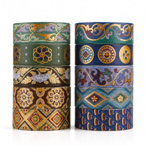 Giyehehi Washi Tape Set with 10 Rolls, Decorative Paper Stickers in Chinoiserie Style with Gold Foil for Planners, Scrapbooks, Journals, DIY Arts and Crafts, Aesthetic Journalling Accessories