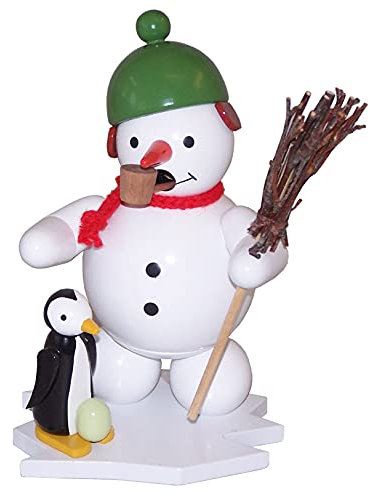 Rudolphs Schatzkiste Smoking Man Snowman with Penguin and Broom Height 13cm Smoke Man Smoking Figure Räucherkerze Figurine Wood Seiffen Erzgebirge Wood Smoke Character Christmas Decoration