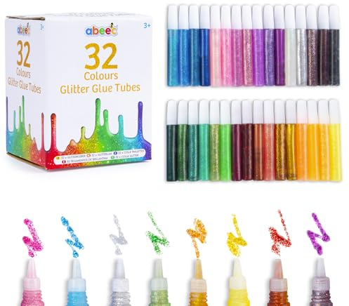 abeec 32 Glitter Glue Pens for Kids - 10ml Coloured Glitter Tubes |Craft Supplies for Children | Arts & Crafts, Card Making, Non-Toxic, Easy to Use