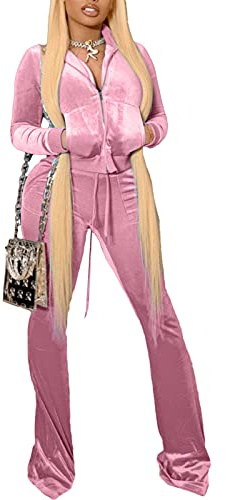 Women's Autumn 2 Piece Velour Set V Neck Crop Jacket Flare Long Pants Outfits Sweatsuit Tracksuits Pink S