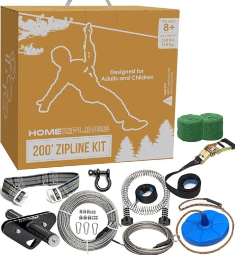 Hyponix 60m Pull Cord Kit for Kids Adults Backyard Zippline Outdoor 350lb Capacity, 1/4 Stainless Steel Cable, 200m Spring Brake, Ratchet System, Padded Seat