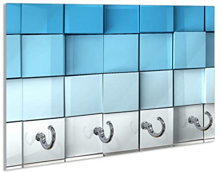 Wallario Handtuchhaken für Bad & Küche aus Glas 30 x 20 cm, Wand Handtuchhalter mit 4 Haken, Motiv: Blau-weiße Kisten Schachteln Muster