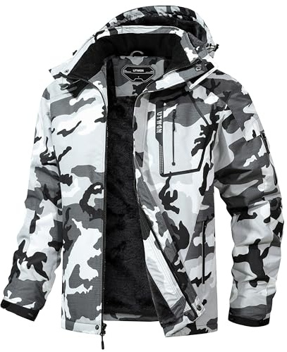 UTWGN Skidjacka för män, vinter, varm, snögubbe, vattentät, vindjacka, huva, arbete, ytterkläder, snowboardjackor, Svart kamouflage, XL