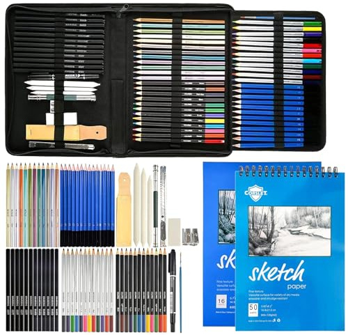 Corslet Lot de 74 crayons à croquis, fournitures d'art professionnel, 16 et 50 feuilles A5, livre de croquis graphite, charbon, aquarelle, crayons de couleur