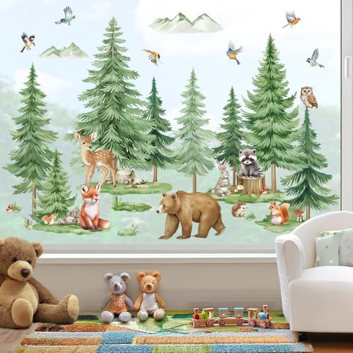 wondever Fenstersticker Frühling Waldtiere Fenster Aufkleber Baum Groß Tiere Bär Fuchs Fensterbilder Fensteraufkleber Anti-Kollision Doppelseitig Glasaufkleber Frühling Sommer Glas Deko