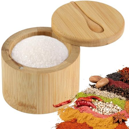 Boîte à Sel en Bambou, Naturel Pot a Sel avec Cuillère Intégrée, Boîte à Poivre et Sel Ronde, avec Couvercle Magnétique Pivotant, pour Stocker Sel, Poivre, Thé, Sucre (9 x 9 x 7 cm)