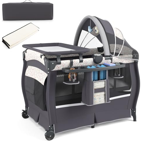 COSTWAY 4 in 1 Lettino Neonato con Materasso, Culla da Campeggio con Fasciatoio Cappottina Regolabile, Ruote Bloccabili, Box Piechevole per Bambini 0-36 Mesi (Fiore Piccolo)