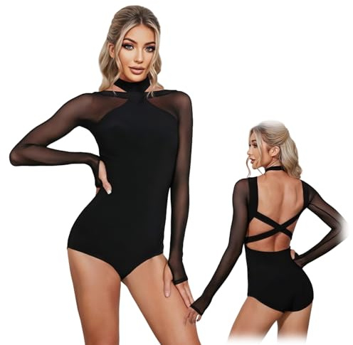 Hybursky Long Sleeve Dance Leotard for Women Mesh Patchwork Ballet Bodysuit Halter Neck Backless Latin Dance Top Gymnastics Leotards Tops Jazz Costume Adult Dancewear, Black/M