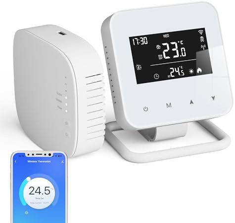 Beok Thermostat sans Fil programmable quotidiennement avec récepteur,Tuya Thermostat Connecté WiFi pour chaudière Compatible avec Alexa et Google Home Alimentation par Piles o USB