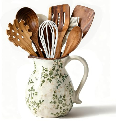 Ceramic Countertop Utensil Holder, 6.1 Inch Vintage Farmhouse Floral Crock