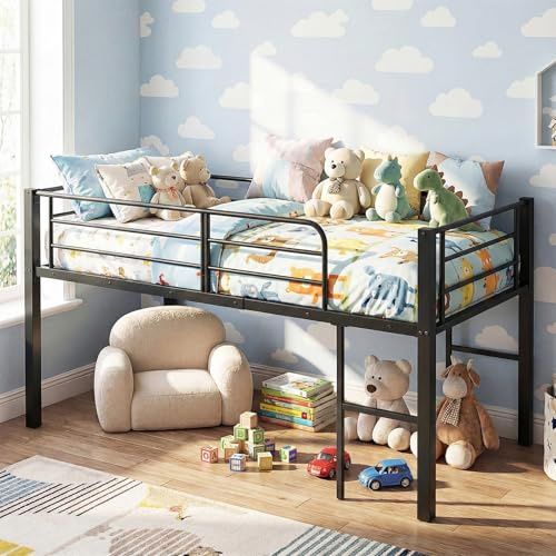 COSTWAY Letto a Soppalco Singolo 190 x 90 cm, Struttura Letto in Metallo con Sponde di Sicurezza, 2 Scale, Spazio Sotto il Letto e Supporto Solido (Nero)