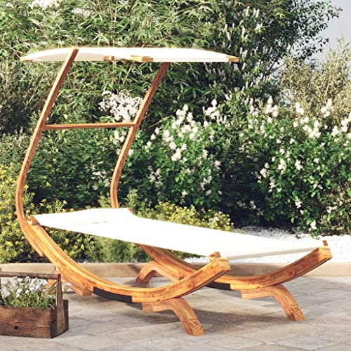 RMIHSJG Lettino prendisole con tetto, 100 x 190 x 134 cm, in legno curvo, color crema, lettino da giardino con protezione solare e cuscino facile da pulire, stabile mobili da terrazza in robusto