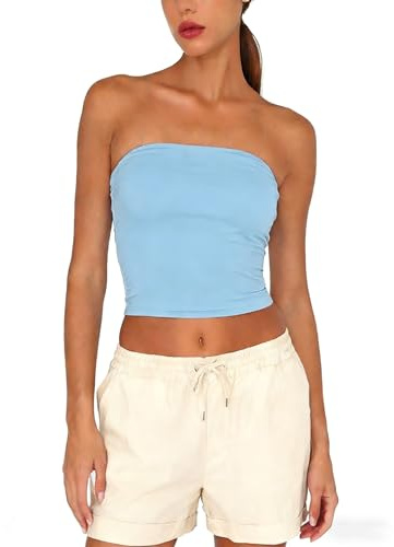 Women Tube Tops Strapless Crop Tops Basic Backless Sleeveless Going Out Outfits Clothes(Sky Blue,M)