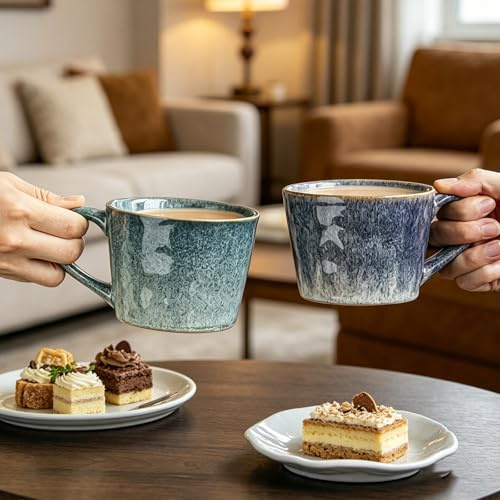 BORDEAG Set di 2 tazze da cappuccino in gres porcellanato, 350 ml, realizzate a mano, in porcellana, con manico, design creativo, in ceramica, regalo, per ufficio e casa (viola + blu)