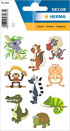 HERMA 3063 Aufkleber Zoo klein, 27 Stück, Tiere Sticker mit Koala Affe Krokodil Schildkröte Motiv, Kinder Etiketten für Fotoalbum Tagebuch Poesiealbum Scrapbooking Geburtstag Deko Briefe DIY Basteln